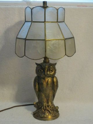 Antiqued - Gold Cast Metal Wise Owl Statue Table Lamp & Capiz Shade Signed L&lwmc