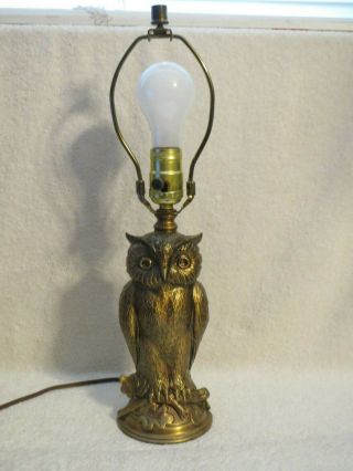 Antiqued - Gold Cast Metal Wise Owl Statue Table Lamp & Capiz Shade Signed L&LWMC 2
