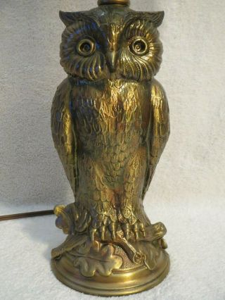 Antiqued - Gold Cast Metal Wise Owl Statue Table Lamp & Capiz Shade Signed L&LWMC 3