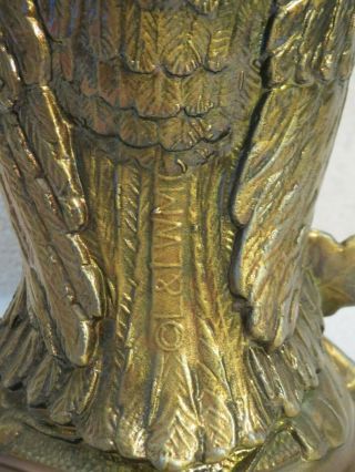 Antiqued - Gold Cast Metal Wise Owl Statue Table Lamp & Capiz Shade Signed L&LWMC 7