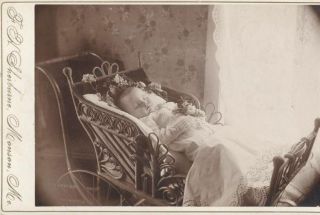 Post Mortem Photo Of Baby In Carriage W/ Flowers Lace Dress - Monson,  Maine