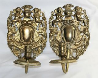 Vintage Pair Solid Brass Cherub Wall Sconces Candle Holders - 8 1/2 " High