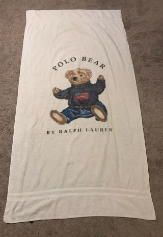 Vtg 90s Polo Bear Beach Towel Teddy Bear Usa Flag Sweater Cotton Ralph Lauren
