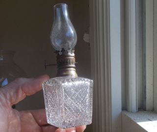 Antique 1880s Rare Cut Glass Miniature Oil Lamp With Brass Burner Etc