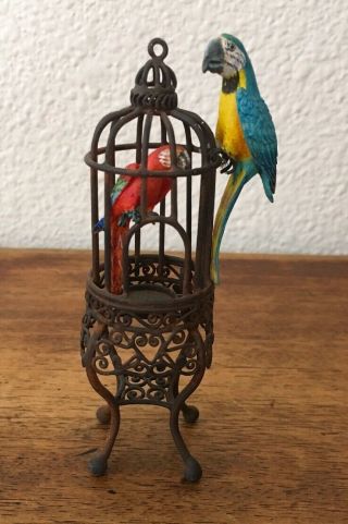 Miniature Vintage Metal Bird Cage With Two Parrots 4 - 1/2 "