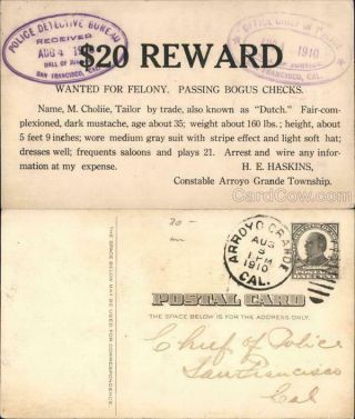 1910 Arroyo Grande,  Ca Reward Wanted For Felony - Passing Bogus Checks Crooks