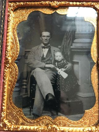 1/4 Plate Ambrotype Daguerreotype Of Father And Daughter Holding Doll