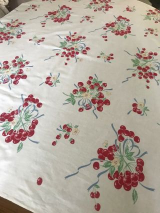 Vintage Cherry N Berry Printed 1950 - 60’s Mid Century Tablecloth 50 X 57 " Cotton