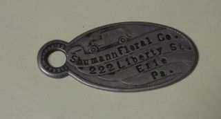 Antique Please Return To Tag Metal Car Key Shumann Floral Co.  Erie Pennsylvania