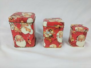 Vintage Santa Smoking Pipe Tin Can Set With Lid Christmas Holiday Set Of 3 Red