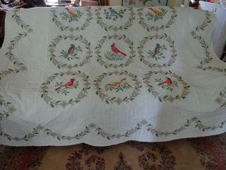 Vintage Handmade Quilted Cross Stitch Quilt - White W.  Birds - 95 " X 84 "