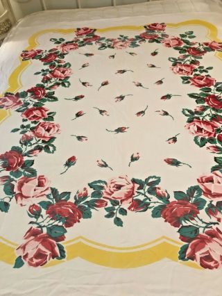 Vintage Table Cloth Pink Red Yellow Roses Shabby Cottage Chic Cotton 52x62 Cl34