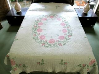 Vintage Cross Stitch Hand Quilted Wreath Of Roses Quilt; 95 " X 83 "