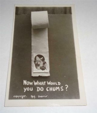 Ww2 Patriotic Humour Hitler On Toilet Paper Real Photo Postcard 120