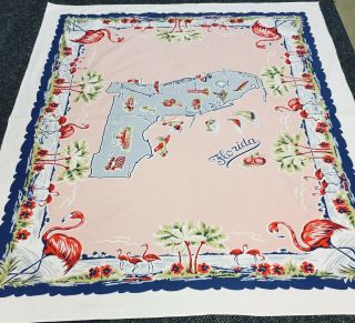 Vintage 50s Florida State Printed Tablecloth Flamingo Palm Tree Flower Building