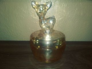 Vintage Marigold Carnival Glass Deer Fawn Powder Box Elegant Home Decor Trinket