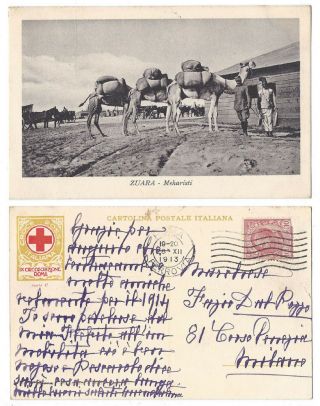 Libya Zuara Camel Cavalry,  Italian Red Cross Postcard Postally 1913