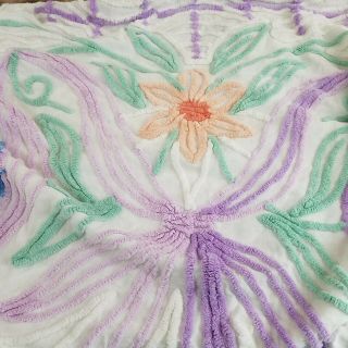 Vintage Cotton Chenille Bedspread White Purple Peach Cutter Crafts