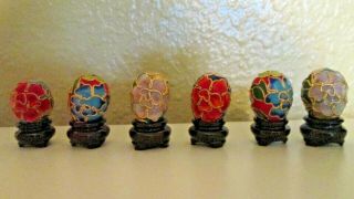 Vintage Miniature Cloisonne Eggs With Wood Stands