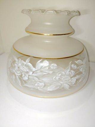 Vtg Hurricane Lamp Shade Globe Frost Clear Glass White Roses Gold Bands 9 " Tall