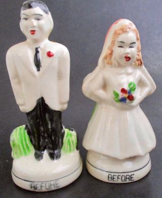 Vtg Ceramic Double Side Bride And Groom Before And After Salt And Pepper Shakers