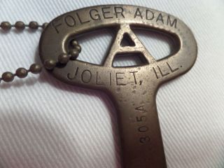 Vintage Folger Adam Co.  Brass Prison Key; Joliet,  Illinois @ 1885?