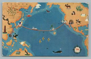 Nyk Line Steamship Map—los Angeles—hong Kong—rare Vintage Advertising Honolulu