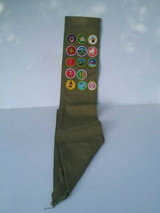 Olive Green Boy Scout Sash & 14 Badges (vintage?)