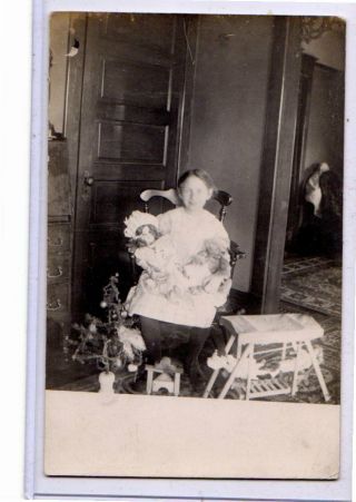 Real Photo Postcard Rppc - Girl With Dolls Toys And Miniature Christmas Tree