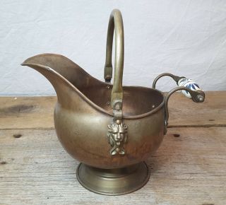 Vintage Brass Copper Water Pitcher Jug Lion Figure Glass Handle