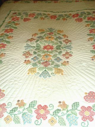 Vintage Cross Stitch Quilt Colorful Flowers Hearts 74 X 90