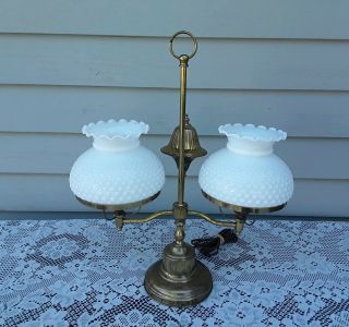 Vintage Brass Double Arm Student Desk Table Lamp W/ Milk Glass Hobnail Shades