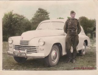 1950s Handsome Young Man Soldier W/ Car Hand Tinted Russian Soviet Photo Gay Int