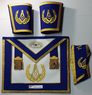 Masonic Blue Lodge Master Mason Apron Set Apron,  Collar,  Gauntlets (cuffs)