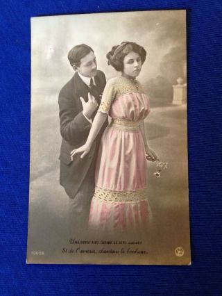 Romantic French Edwardian Couple Antique Photo Postcard Pc Hand Tinted P59