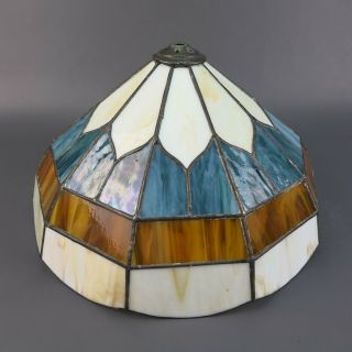 Large Vintage 14 " Wide Tiffany Style Stained Glass Lamp Shade White Blue Brown