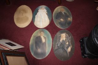 Antique Victorian Pastel Portrait Drawings - 5 Photo Portraits - Oval Shaped - Creepy