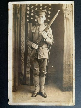 Rppc Postcard - Us Army Soldier With Rifle Ww1 - American Flag