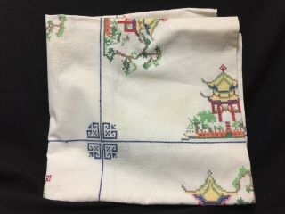 Vintage Asian Inspired Hand Cross Stitched 48 " L X 44 " W Table Cloth