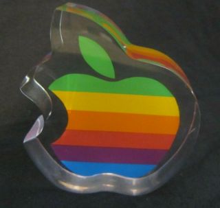 Rare Vintage Acrylic Apple Computer Rainbow Logo Paperweight Desk Decoration