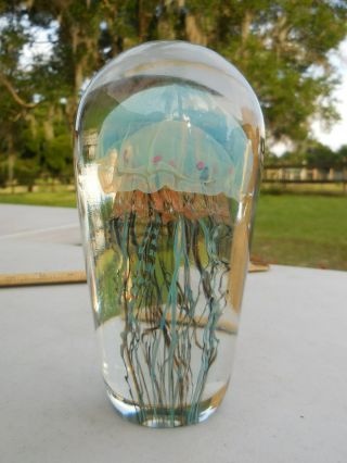 Signed Satava Moon Jellyfish Art Glass Sculpture Paperweight 6” 3049 - 97