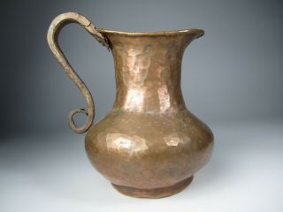 Small Antique Hand Hammered Copper Pitcher Vase,  Copper Handle - 6 1/4