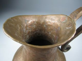 Small Antique Hand Hammered Copper Pitcher Vase,  Copper Handle - 6 1/4 7