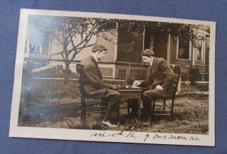 Rare Antique Rock Island Il 2 Gents Playing Backgammon Real Photo Postcard Rppc