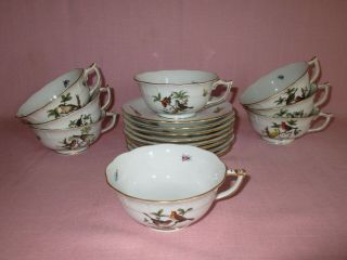 Herend Hungary Porcelain Rothschild Bird Set Of 8 Tea Cups & 8 Saucer Plates 734