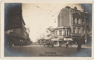 Early Hawaii Fort Street Honolulu Tram Photo Postcard Ray Jerome Baker Stores