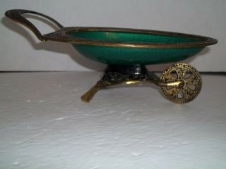 Vintage Embossed Brass Green Enamel Candy Dish Bowl Wheelbarrow Figure Israel