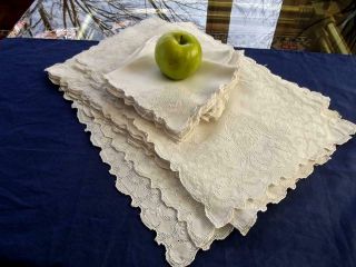 24pc Antique Italian Linen 12 Placemats 12 Napkin Figural Hand Embroidery Lace