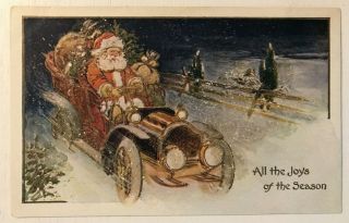 Santa Claus In Car With Toys Snow Holly Antique Christmas Postcard - C533