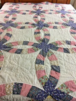 Pretty In Pink Vintage Hand Quilted Double Wedding Ring Quilt 82 " X 85 "
